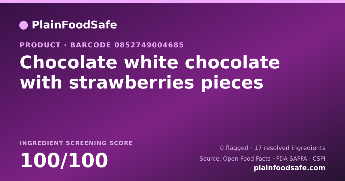 Share card for Chocolate white chocolate with strawberries pieces Food Ingredient Profile