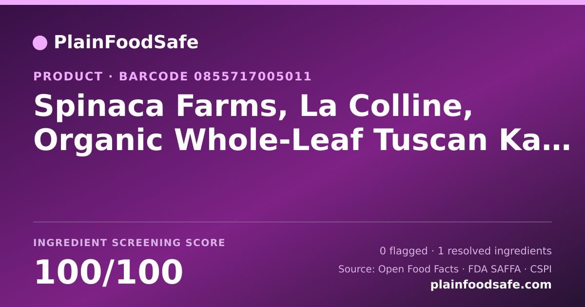 Share card for Spinaca Farms, La Colline, Organic Whole-Leaf Tuscan Kale Food Ingredient Profile