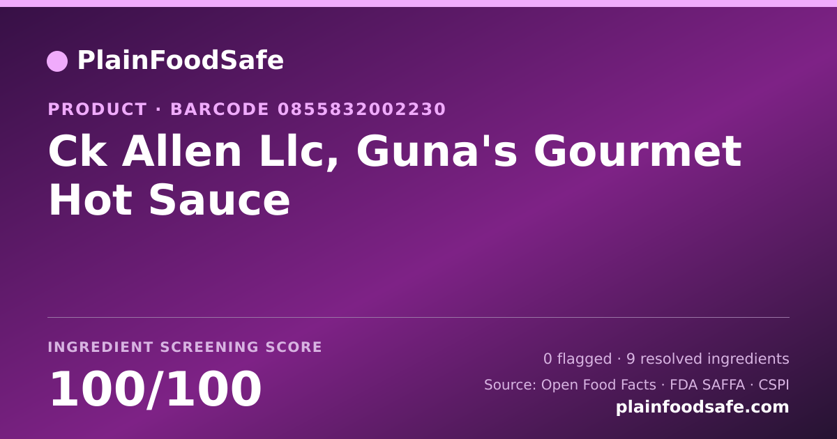 Share card for Ck Allen Llc, Guna's Gourmet Hot Sauce Food Ingredient Profile