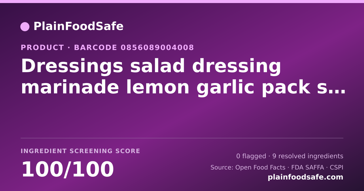 Share card for Dressings salad dressing marinade lemon garlic pack sugar free Food Ingredient Profile