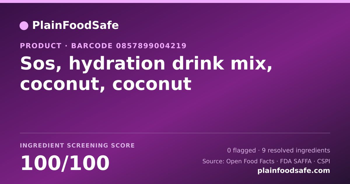 Share card for Sos, hydration drink mix, coconut, coconut Food Ingredient Profile