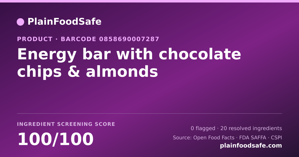 Share card for Energy bar with chocolate chips & almonds Food Ingredient Profile