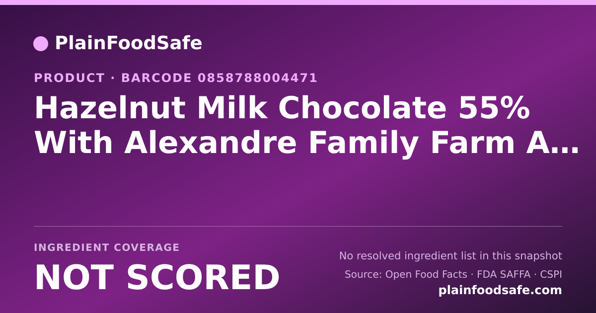 Share card for Hazelnut Milk Chocolate 55% With Alexandre Family Farm A2/A2 Milk Food Ingredient Profile