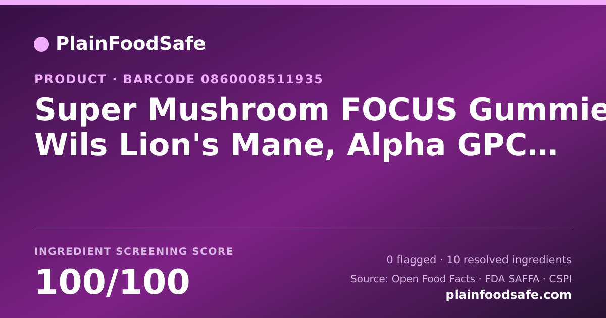 Share card for Super Mushroom FOCUS Gummies Wils Lion's Mane, Alpha GPC & Rhodiola Food Ingredient Profile