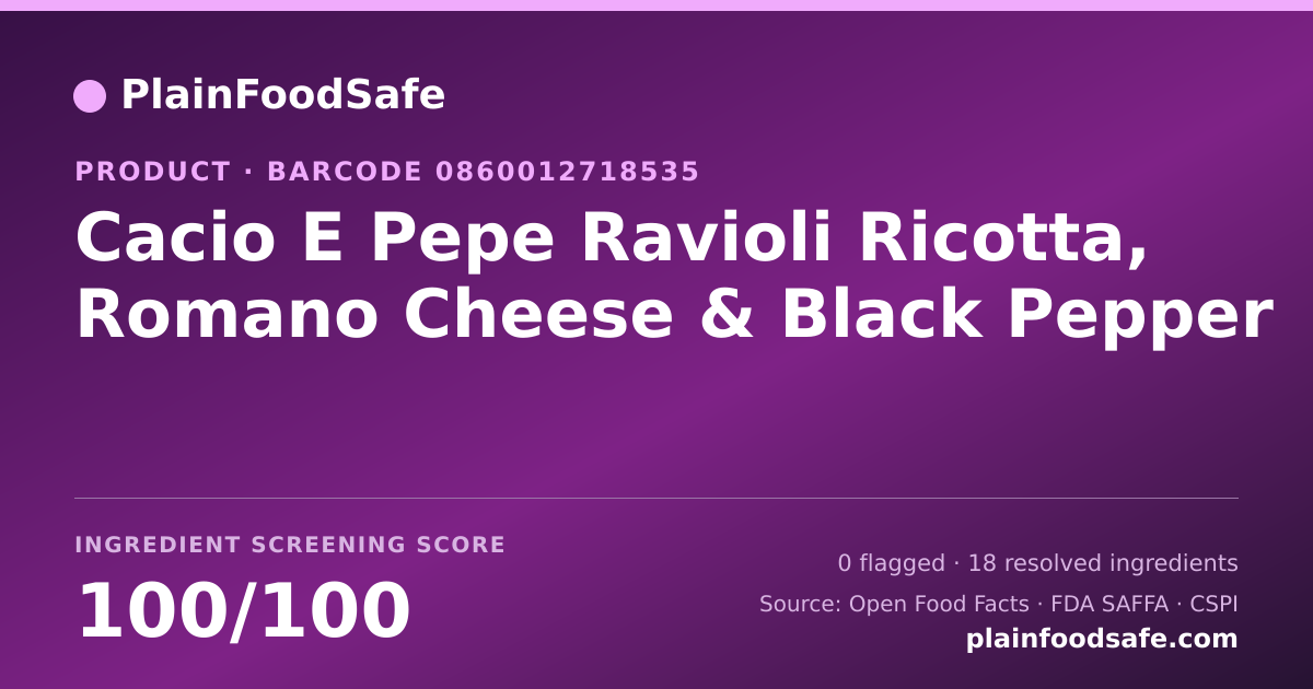 Share card for Cacio E Pepe Ravioli Ricotta, Romano Cheese & Black Pepper Food Ingredient Profile