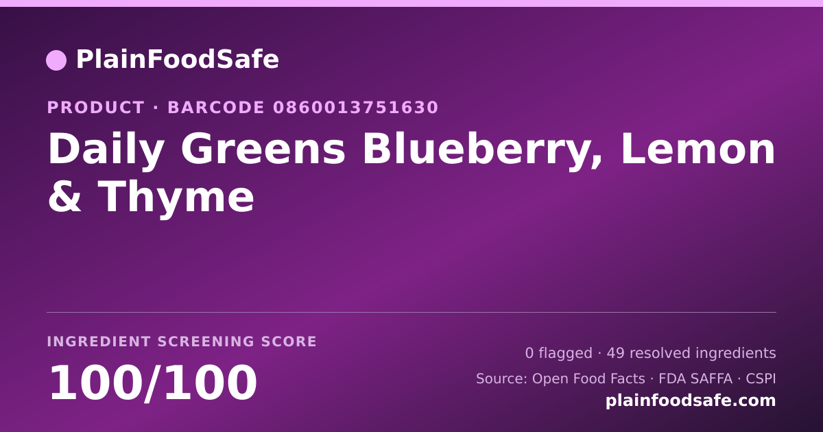 Share card for Daily Greens Blueberry, Lemon & Thyme Food Ingredient Profile