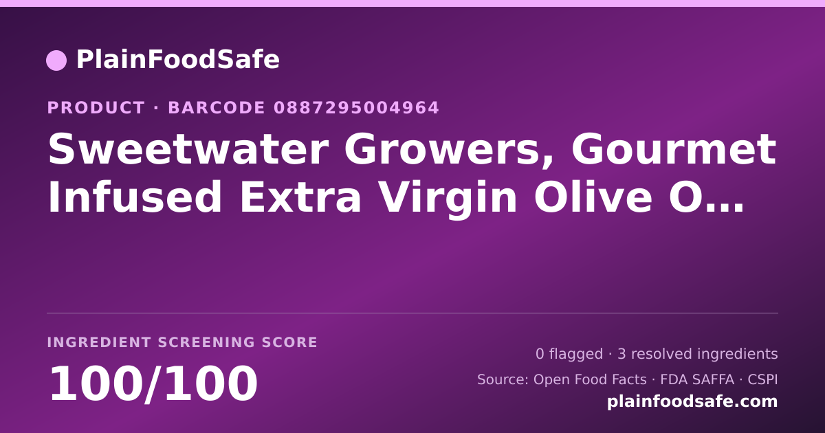 Share card for Sweetwater Growers, Gourmet Infused Extra Virgin Olive Oil, Garlic, Rosemary Food Ingredient Profile