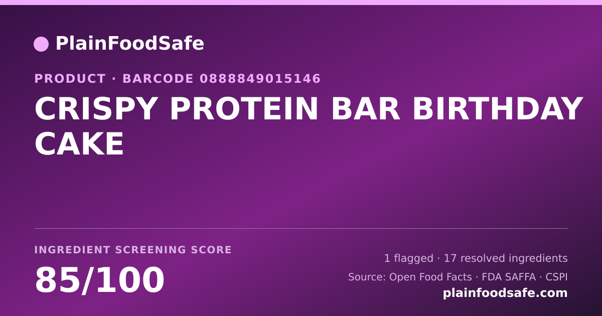 Share card for CRISPY PROTEIN BAR BIRTHDAY CAKE Food Ingredient Profile