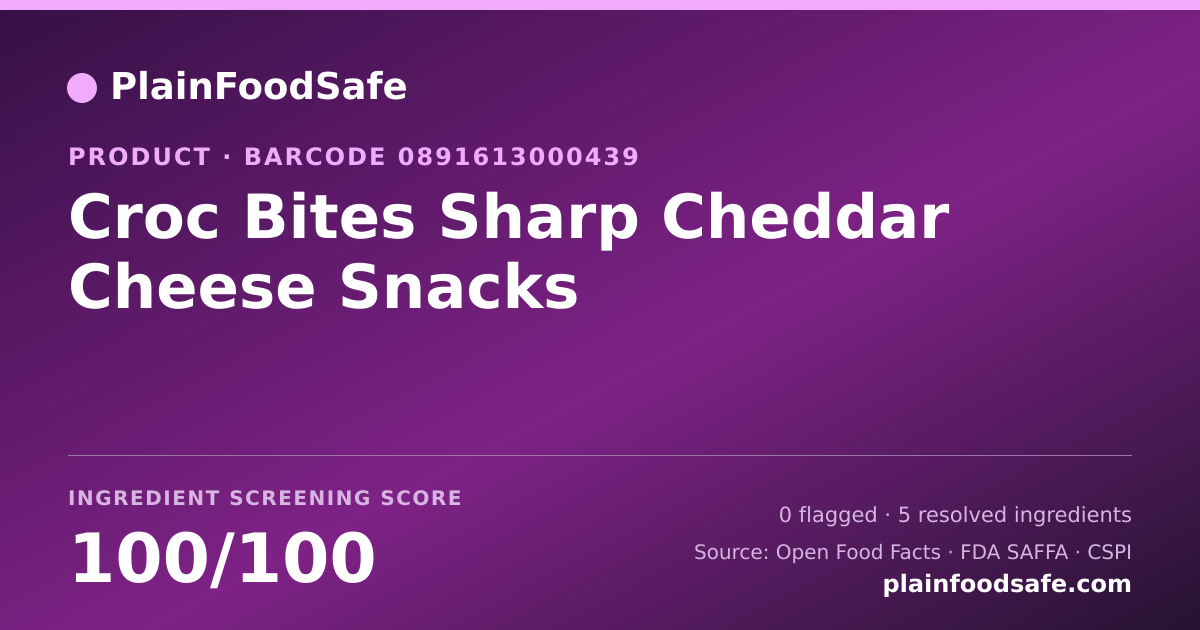 Share card for Croc Bites Sharp Cheddar Cheese Snacks Food Ingredient Profile