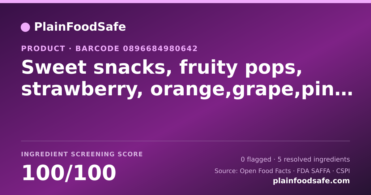 Share card for Sweet snacks, fruity pops, strawberry, orange,grape,pineapple,apple Food Ingredient Profile