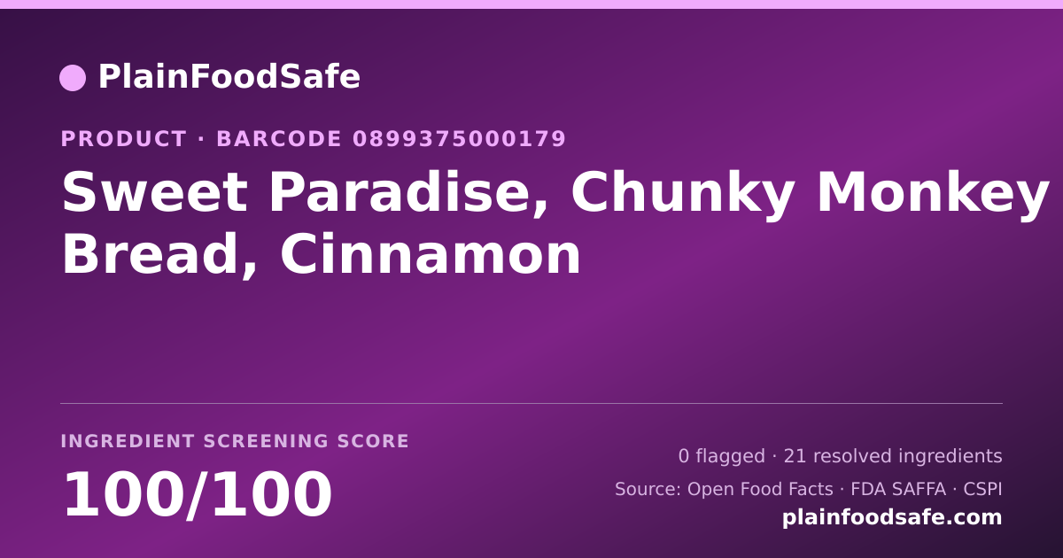 Share card for Sweet Paradise, Chunky Monkey Bread, Cinnamon Food Ingredient Profile