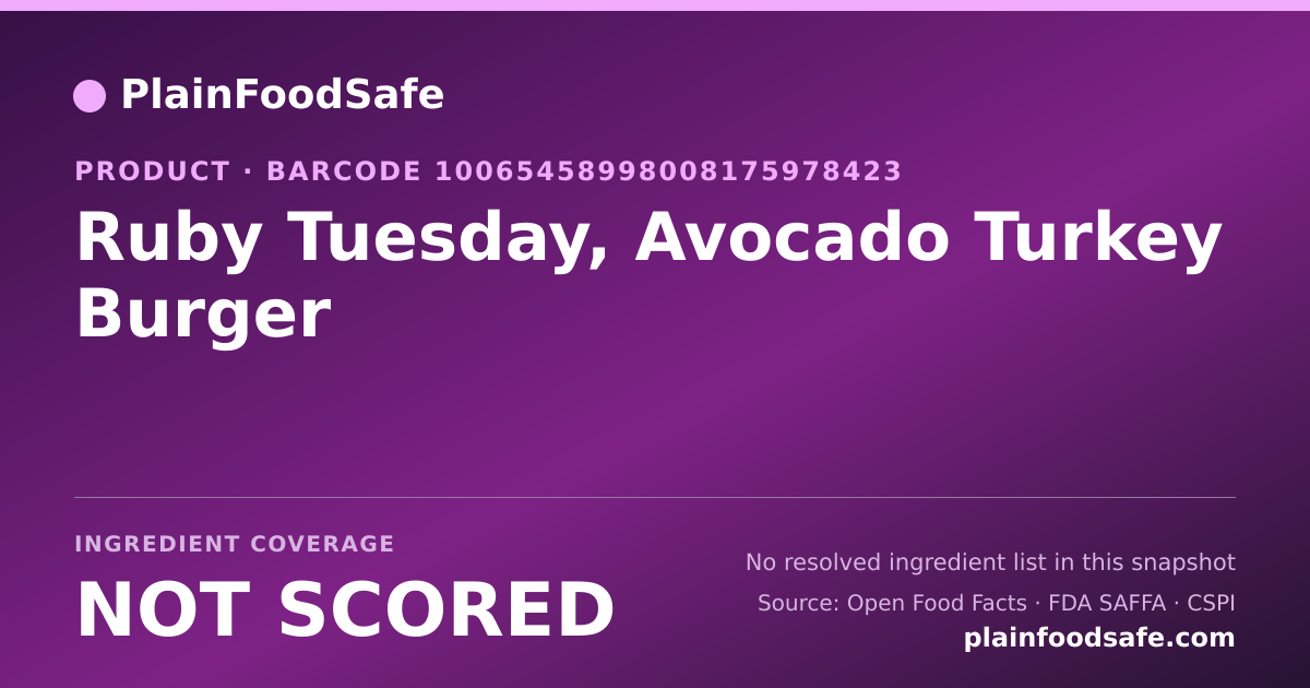 Share card for Ruby Tuesday, Avocado Turkey Burger Food Ingredient Profile
