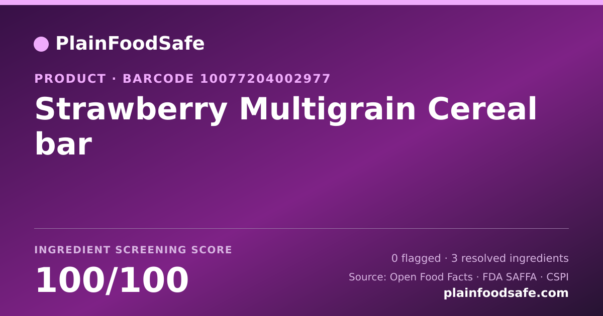 Share card for Strawberry Multigrain Cereal bar Food Ingredient Profile