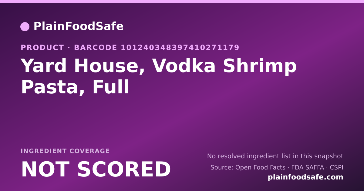 Share card for Yard House, Vodka Shrimp Pasta, Full Food Ingredient Profile