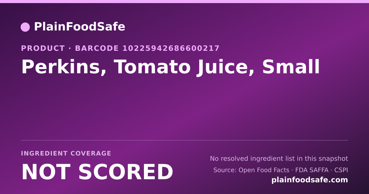 Share card for Perkins, Tomato Juice, Small Food Ingredient Profile
