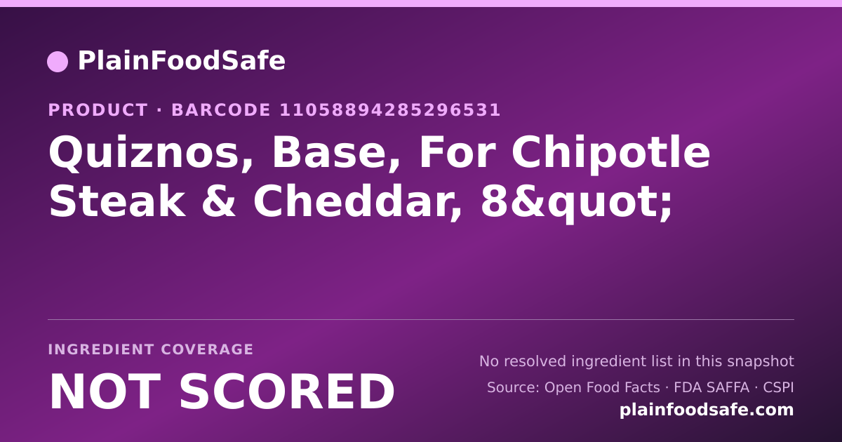 Share card for Quiznos, Base, For Chipotle Steak & Cheddar, 8" Food Ingredient Profile