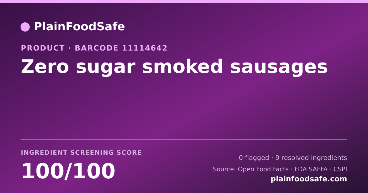 Share card for Zero sugar smoked sausages Food Ingredient Profile
