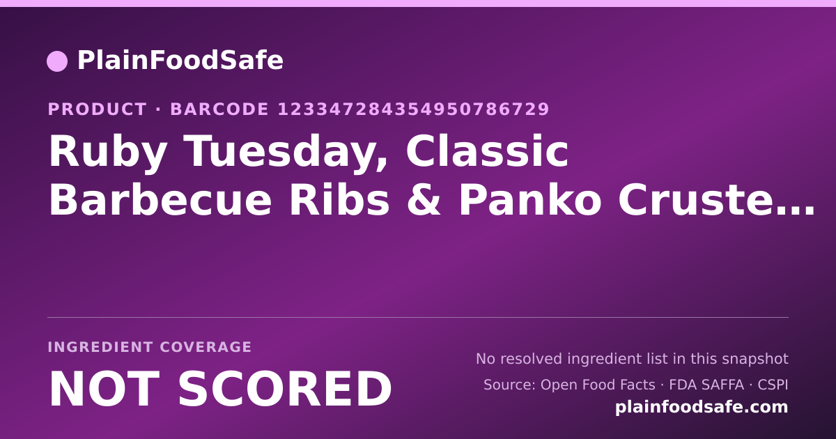 Share card for Ruby Tuesday, Classic Barbecue Ribs & Panko Crusted Shrimp Food Ingredient Profile