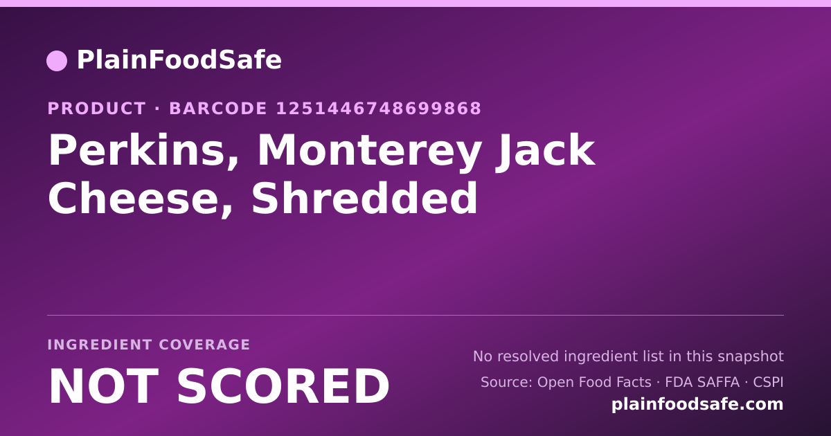 Share card for Perkins, Monterey Jack Cheese, Shredded Food Ingredient Profile
