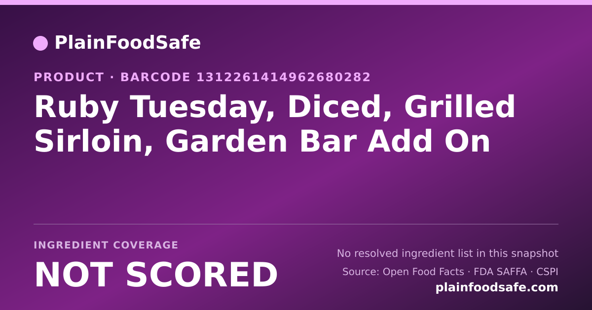 Share card for Ruby Tuesday, Diced, Grilled Sirloin, Garden Bar Add On Food Ingredient Profile