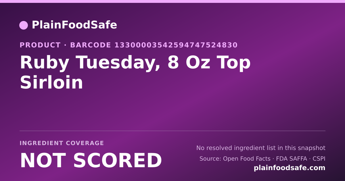 Share card for Ruby Tuesday, 8 Oz Top Sirloin Food Ingredient Profile