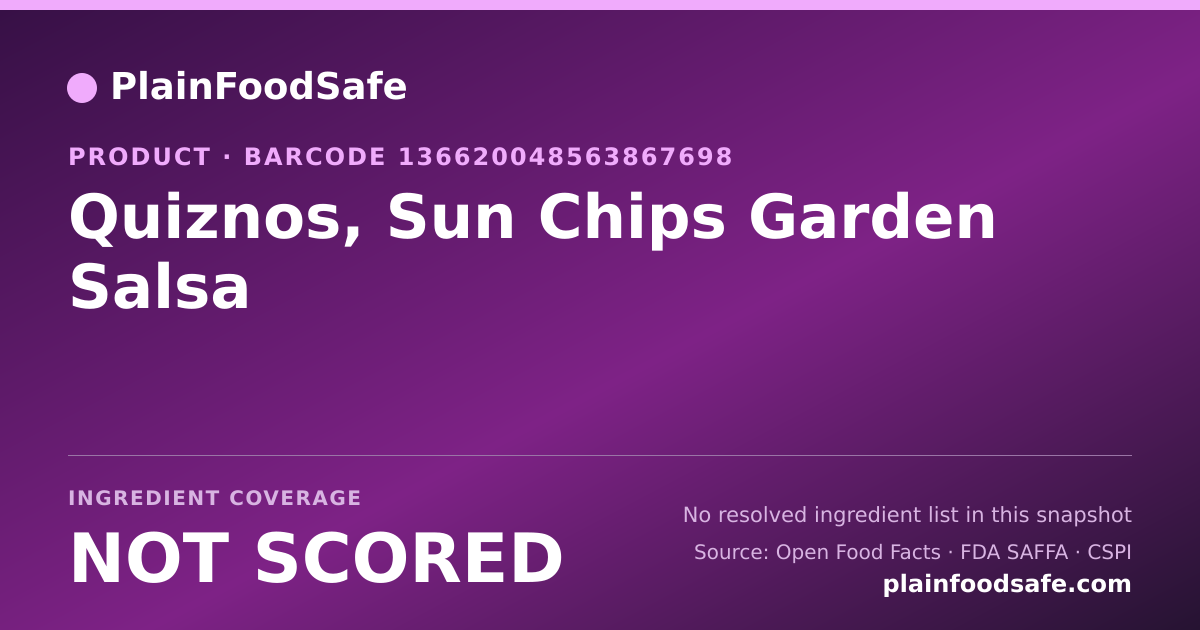 Share card for Quiznos, Sun Chips Garden Salsa Food Ingredient Profile