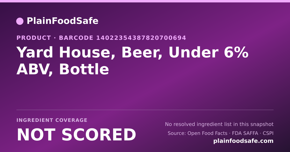 Share card for Yard House, Beer, Under 6% ABV, Bottle Food Ingredient Profile