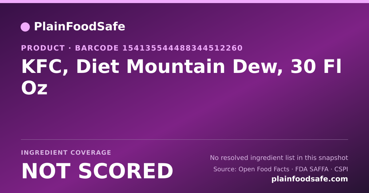 Share card for KFC, Diet Mountain Dew, 30 Fl Oz Food Ingredient Profile