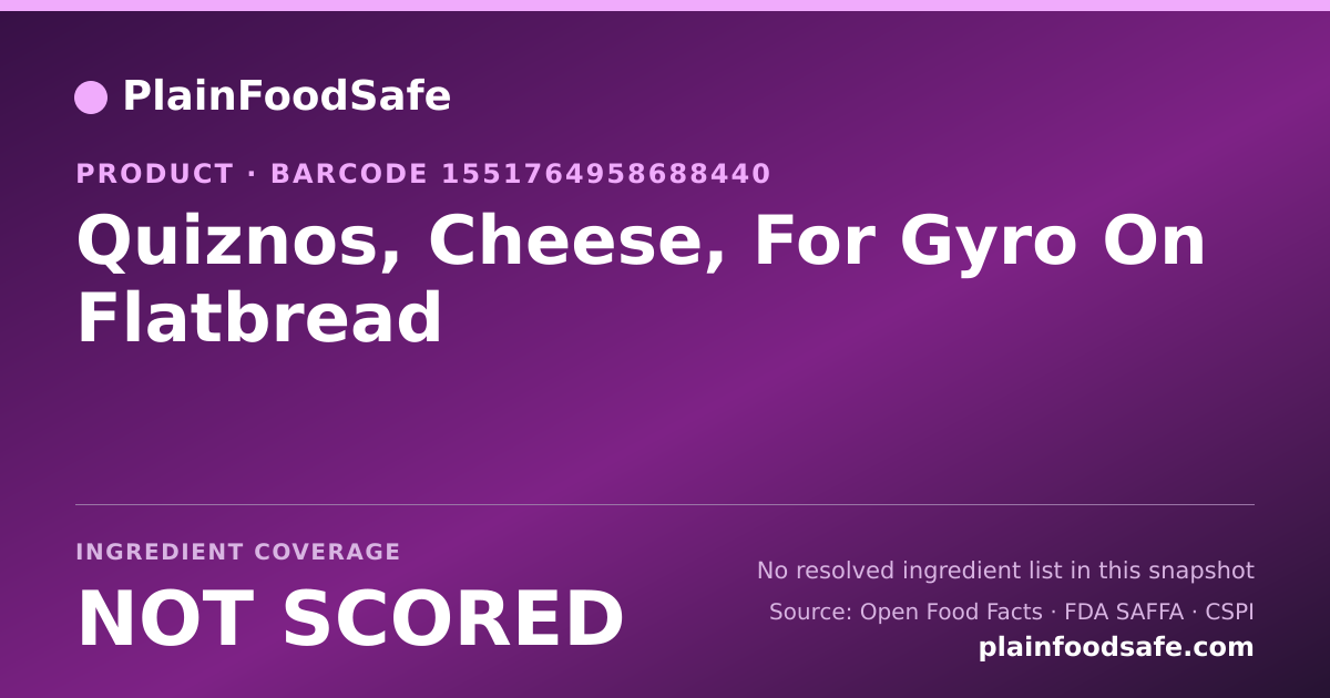 Share card for Quiznos, Cheese, For Gyro On Flatbread Food Ingredient Profile