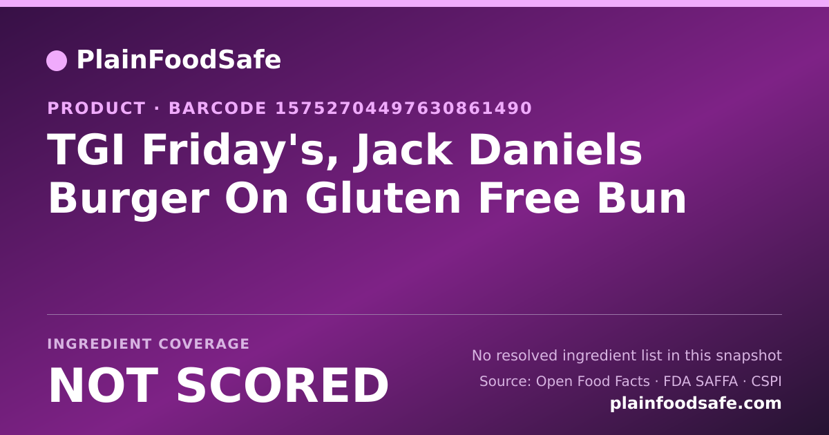 Share card for TGI Friday's, Jack Daniels Burger On Gluten Free Bun Food Ingredient Profile