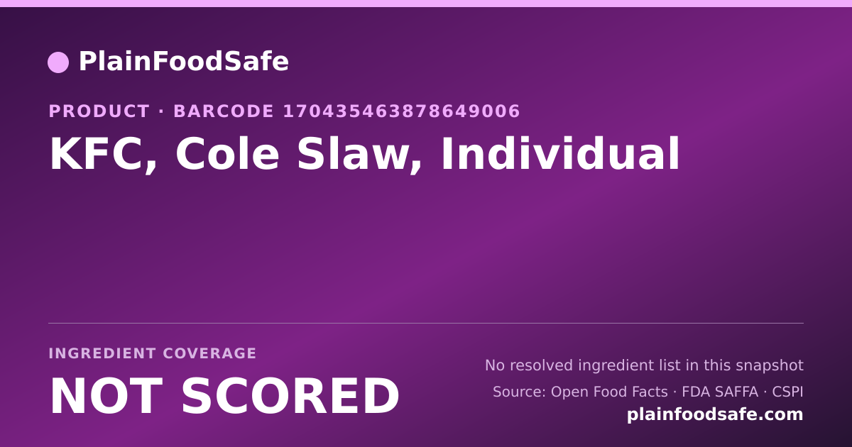 Share card for KFC, Cole Slaw, Individual Food Ingredient Profile