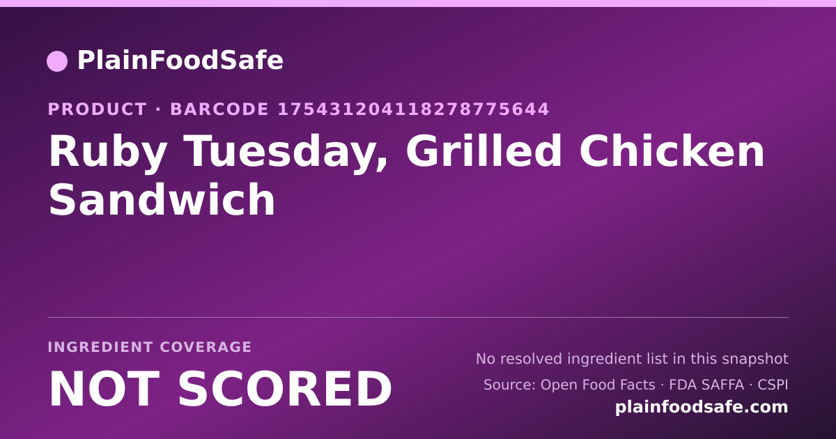 Share card for Ruby Tuesday, Grilled Chicken Sandwich Food Ingredient Profile