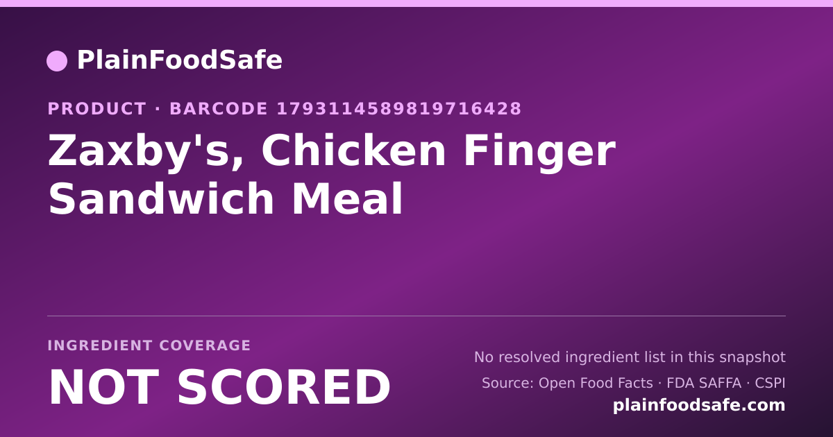 Share card for Zaxby's, Chicken Finger Sandwich Meal Food Ingredient Profile