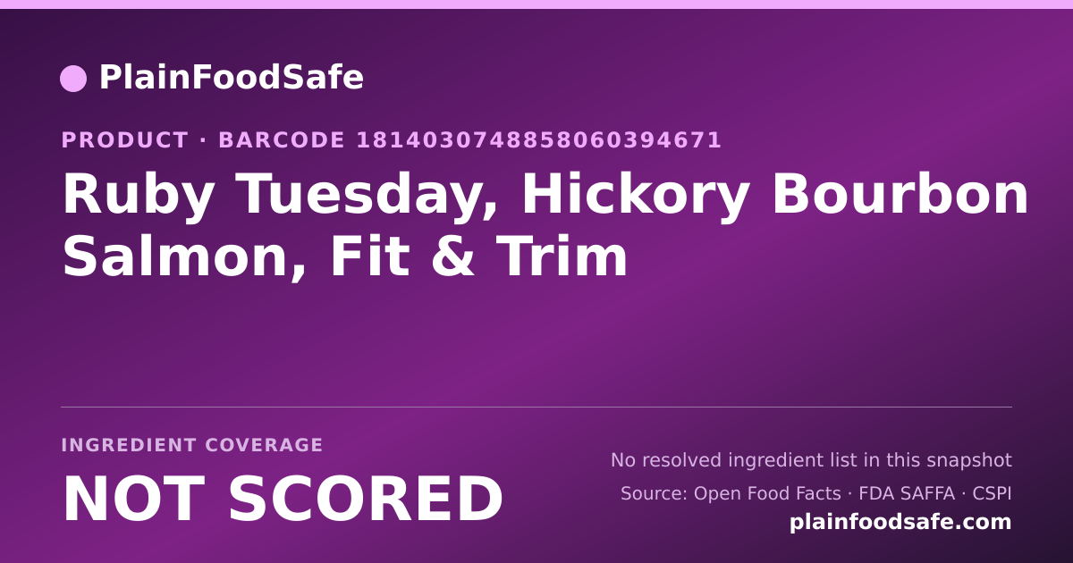 Share card for Ruby Tuesday, Hickory Bourbon Salmon, Fit & Trim Food Ingredient Profile