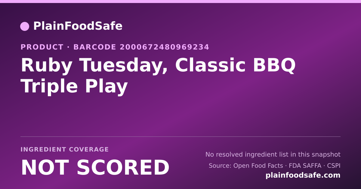 Share card for Ruby Tuesday, Classic BBQ Triple Play Food Ingredient Profile