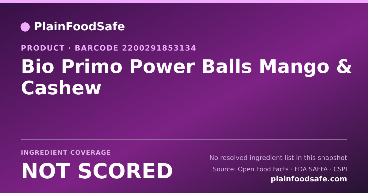 Share card for Bio Primo Power Balls Mango & Cashew Food Ingredient Profile