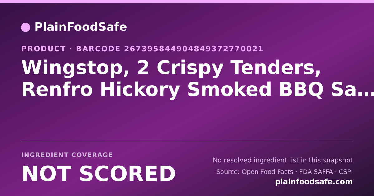 Share card for Wingstop, 2 Crispy Tenders, Renfro Hickory Smoked BBQ Sauce Food Ingredient Profile