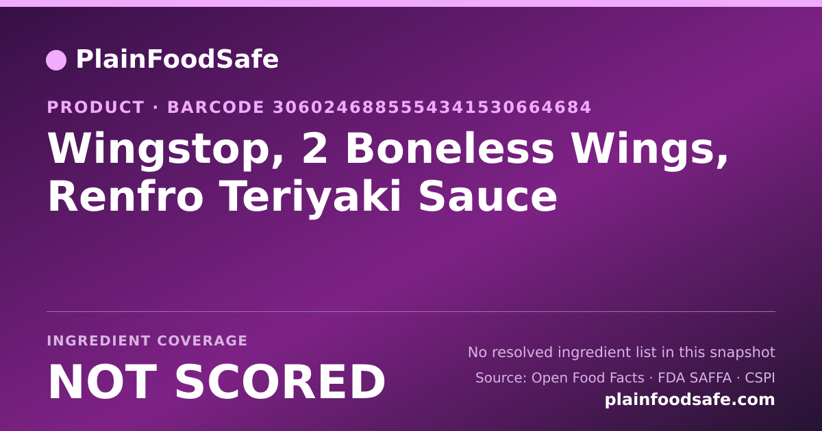 Share card for Wingstop, 2 Boneless Wings, Renfro Teriyaki Sauce Food Ingredient Profile