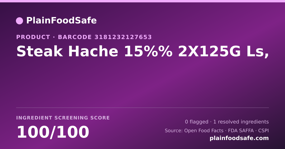 Share card for Steak Hache 15%% 2X125G Ls, Food Ingredient Profile