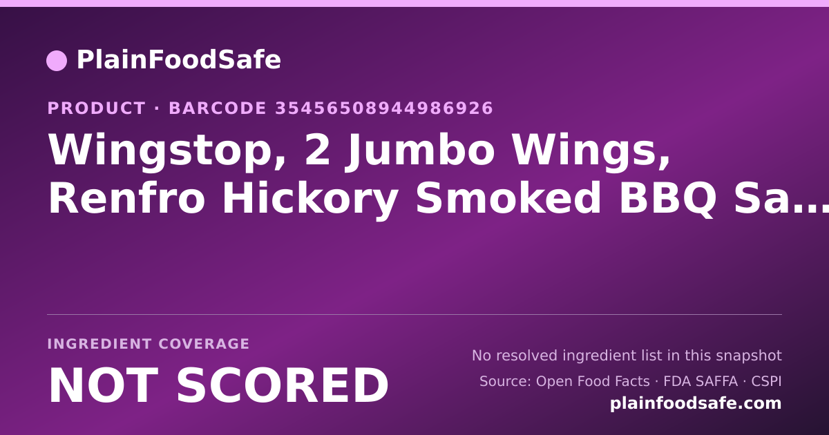 Share card for Wingstop, 2 Jumbo Wings, Renfro Hickory Smoked BBQ Sauce Food Ingredient Profile
