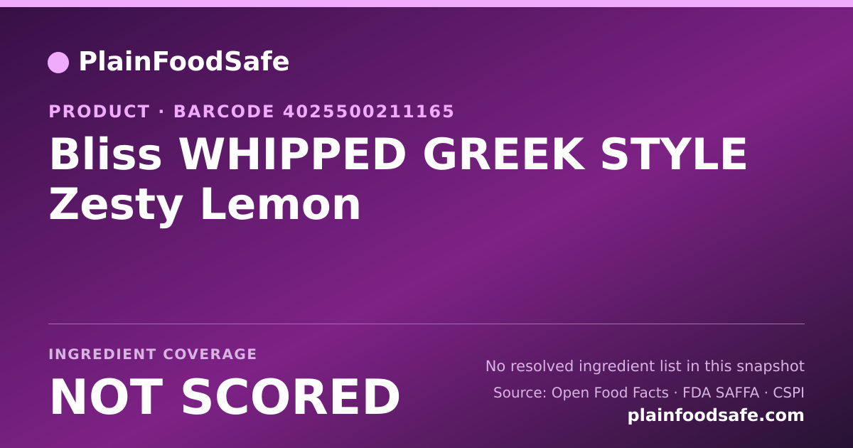 Share card for Bliss WHIPPED GREEK STYLE Zesty Lemon Food Ingredient Profile