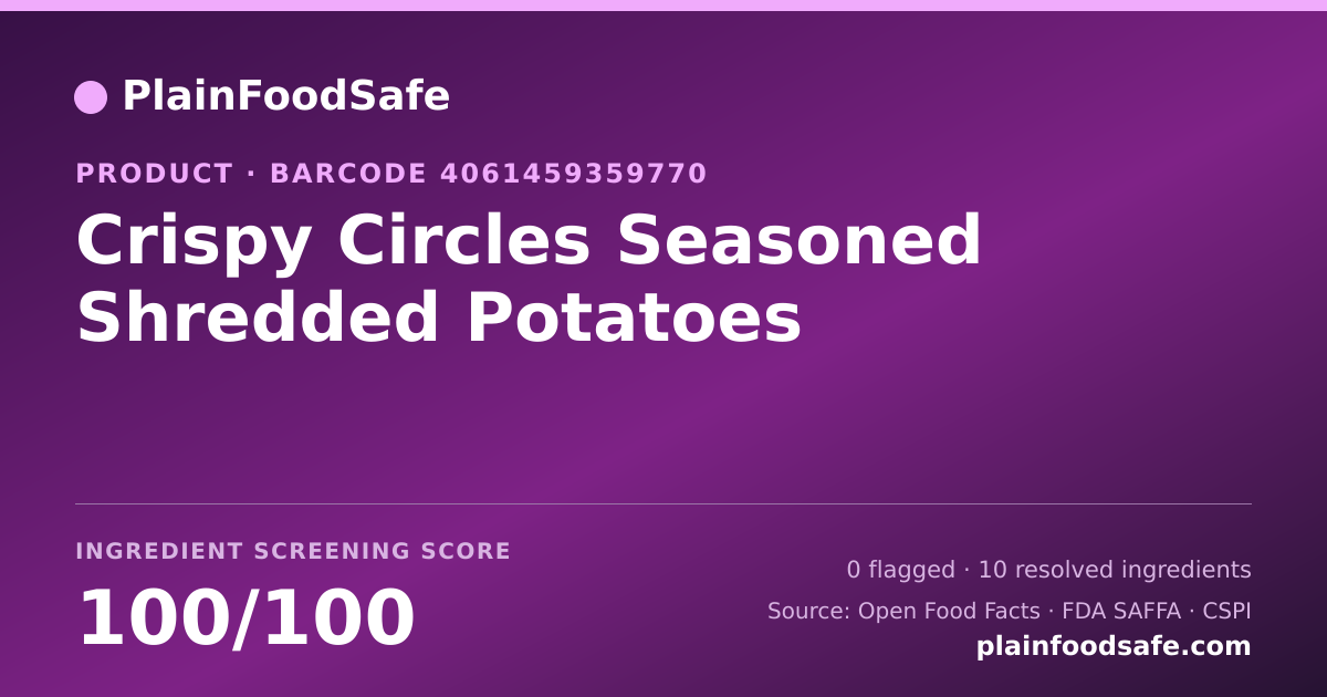 Share card for Crispy Circles Seasoned Shredded Potatoes Food Ingredient Profile