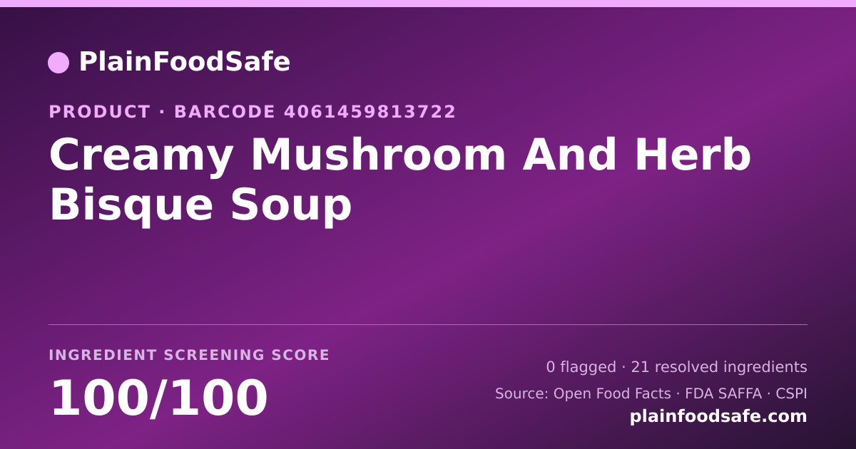 Share card for Creamy Mushroom And Herb Bisque Soup Food Ingredient Profile