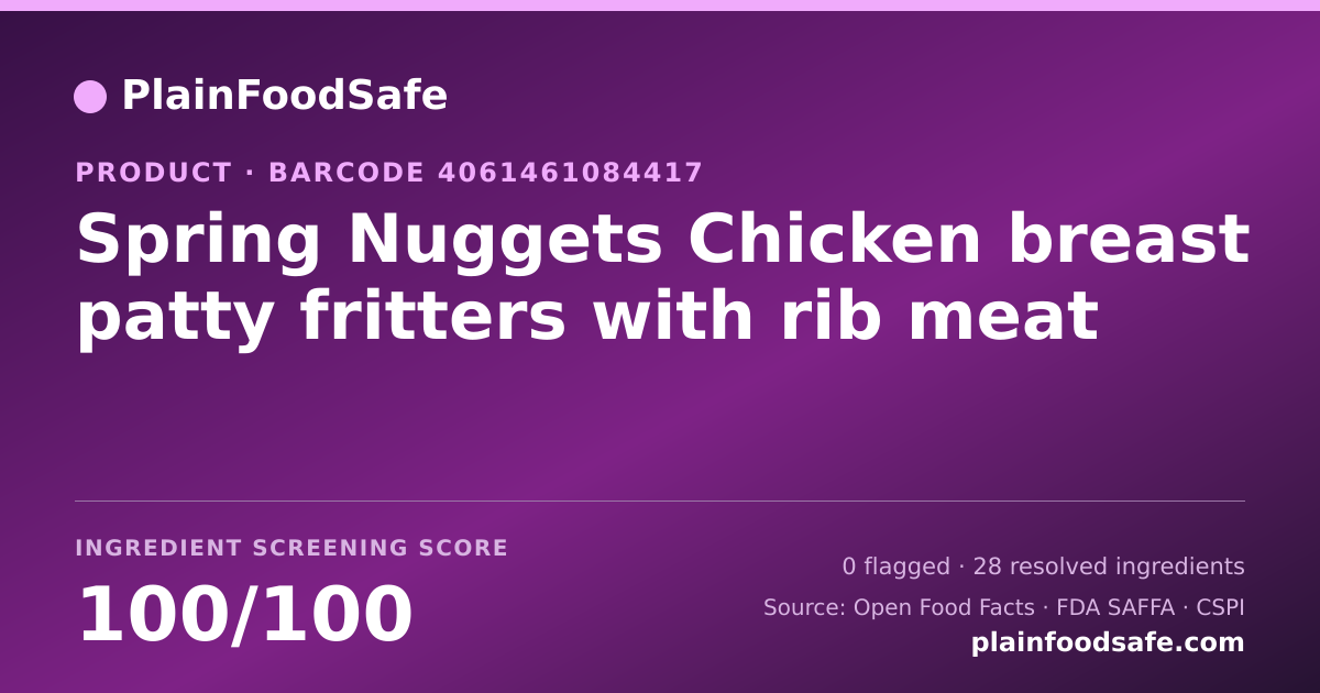 Share card for Spring Nuggets Chicken breast patty fritters with rib meat Food Ingredient Profile