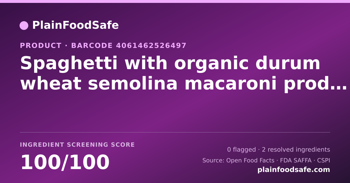 Share card for Spaghetti with organic durum wheat semolina macaroni product Food Ingredient Profile