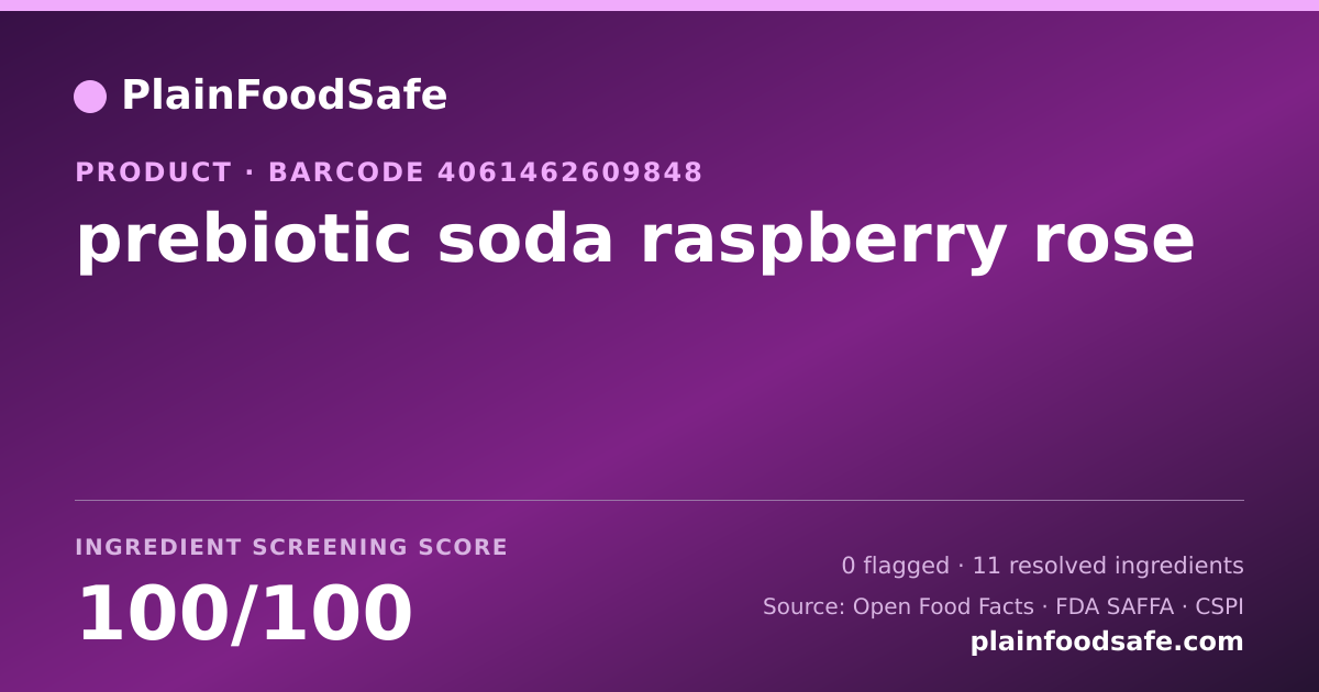 Share card for prebiotic soda raspberry rose Food Ingredient Profile