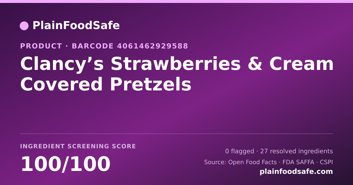 Share card for Clancy’s Strawberries & Cream Covered Pretzels Food Ingredient Profile