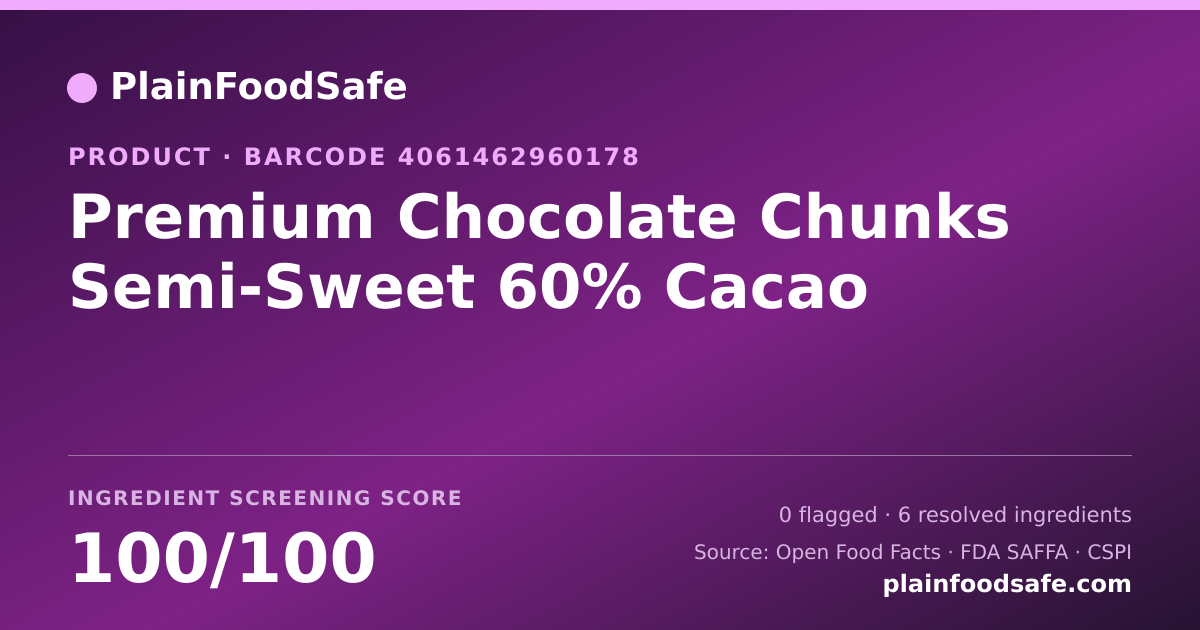 Share card for Premium Chocolate Chunks Semi-Sweet 60% Cacao Food Ingredient Profile