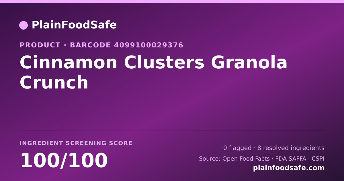 Share card for Cinnamon Clusters Granola Crunch Food Ingredient Profile