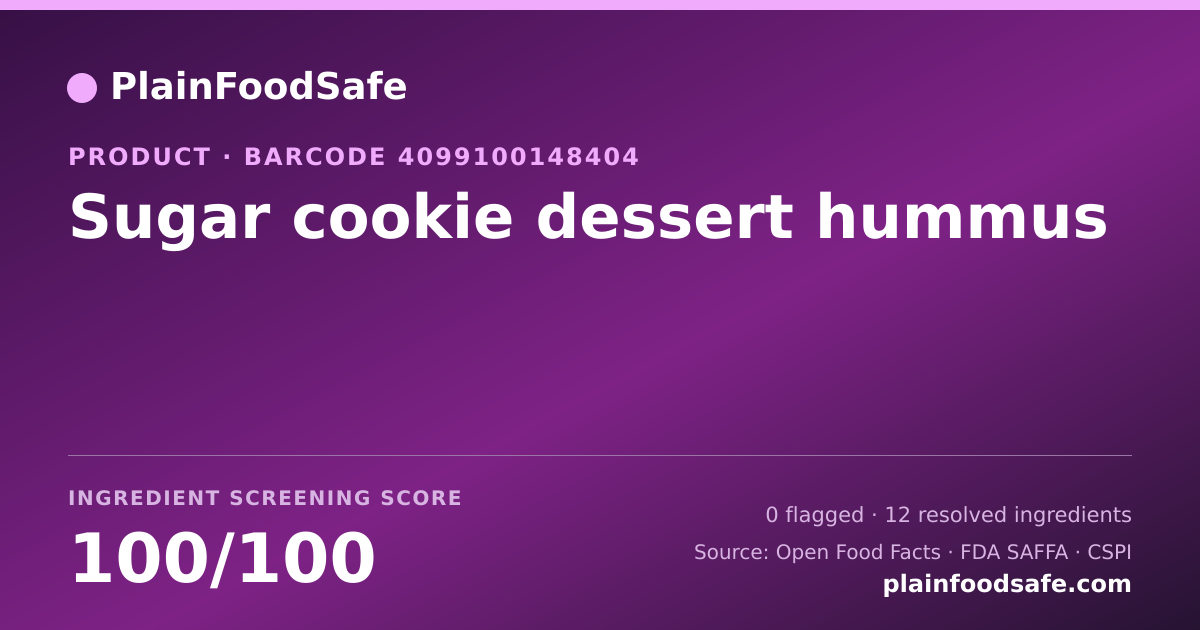 Share card for Sugar cookie dessert hummus Food Ingredient Profile